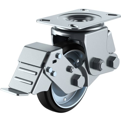 ลูกล้อหมุนแบบจาน ยางทนการสึกหรอ เส้นผ่านศูนย์กลางล้อ 150 มม. พร้อมตัวหยุด ประเภท SKY ประเภท SKY-2S-S ขนาดการติดตั้ง 133 x 86 (125 x 62)