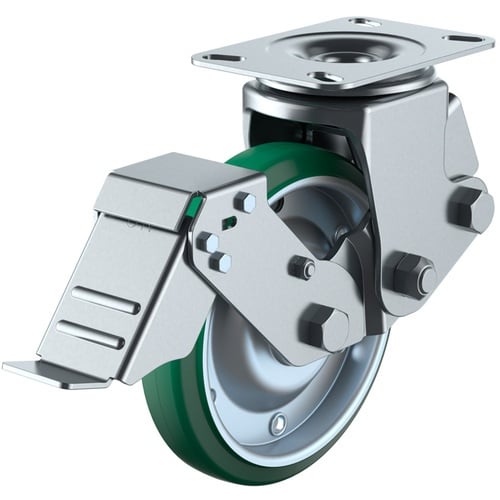 ลูกล้อหมุนแบบจาน ยางสีเขียว เส้นผ่านศูนย์กลางล้อ 200 มม. พร้อมตัวหยุด ประเภท SKY รุ่น SKY-2S-S ขนาดการติดตั้ง 133 x 86 (125 x 62)