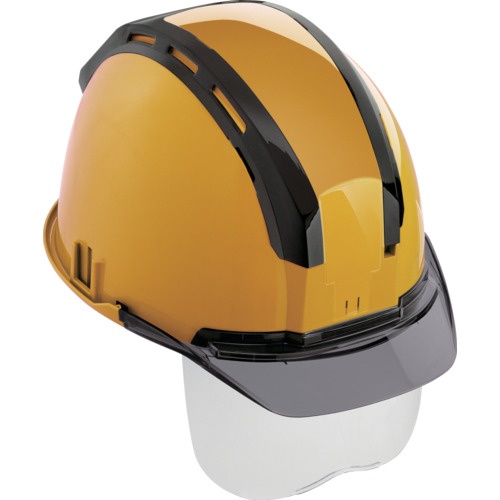 หมวกนิรภัย (พร้อมร่องสำหรับยึดเพื่อความปลอดภัย) สีเหลืองรมควัน พร้อมกระบังหน้า