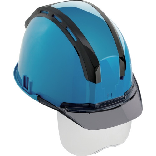 หมวกนิรภัย (พร้อมร่องสำหรับยึดเพื่อความปลอดภัย) สีน้ำเงินรมควัน พร้อมกระบังหน้า