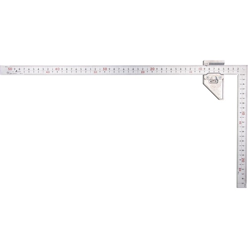 ไม้บรรทัดหนา กว้าง สีเงิน ยาว 50 ซม. มีขีดบอกระดับเหมือนกันทั้งสองด้าน สเกล 8 ระดับ พร้อมตัวล็อกโลหะสำหรับไม้บรรทัด มาตรฐาน JIS