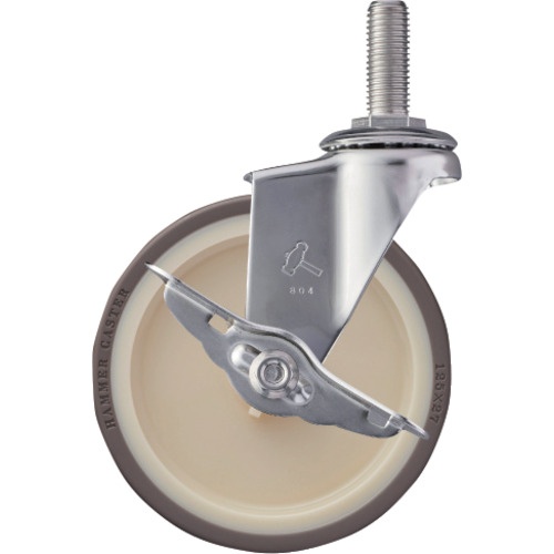 ลูกล้อสเตนเลสสตีล Hammer Screwed Caster ซีรีส์ 320EA (ล้อยูรีเทน อุปกรณ์สแตนเลส) พร้อมตัวหยุดหมุน เส้นผ่านศูนย์กลางล้อ 125 มม.