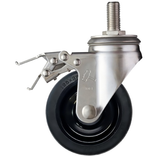 ค้อนเหล็กสแตนเลสล้วนซีรีส์ SA พร้อมล้อหมุนยาง (ล้อไนลอน) 125 มม. พร้อมตัวหยุด