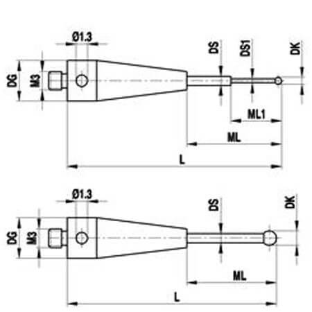 M3 Ø0.8 mm ruby ball, tungsten carbide stem, L 22 mm, ML1/ML 4.8/9.0 mm, for Zeiss applications